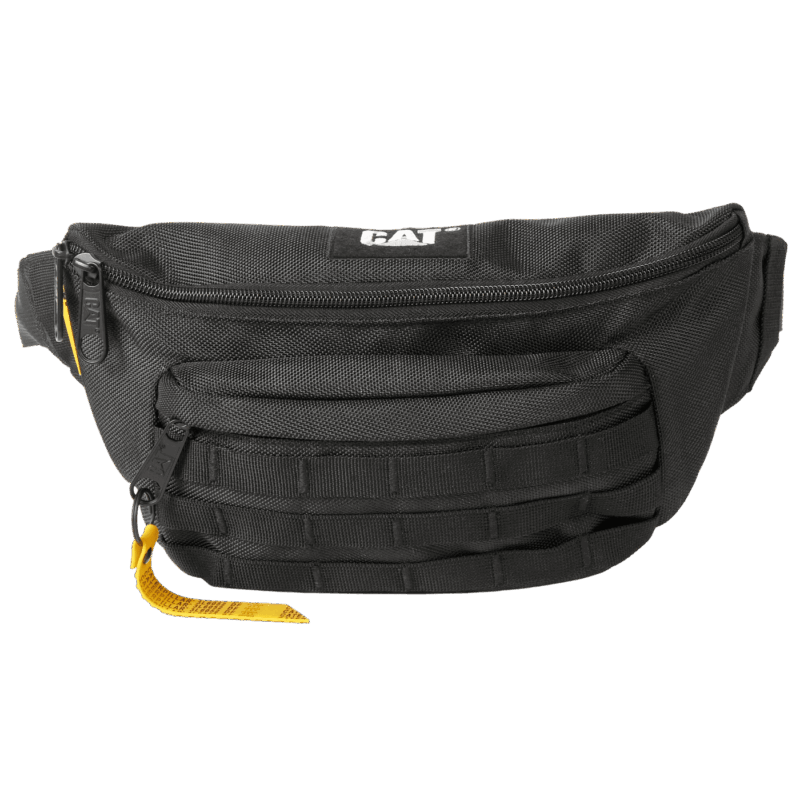 Μαύρο τσαντάκι μέσης Sahara Waist Bag A1 CAT με ρυθμιζόμενο ιμάντα, μπροστινή και πίσω θήκη με φερμουάρ, στρατιωτικό στυλ.