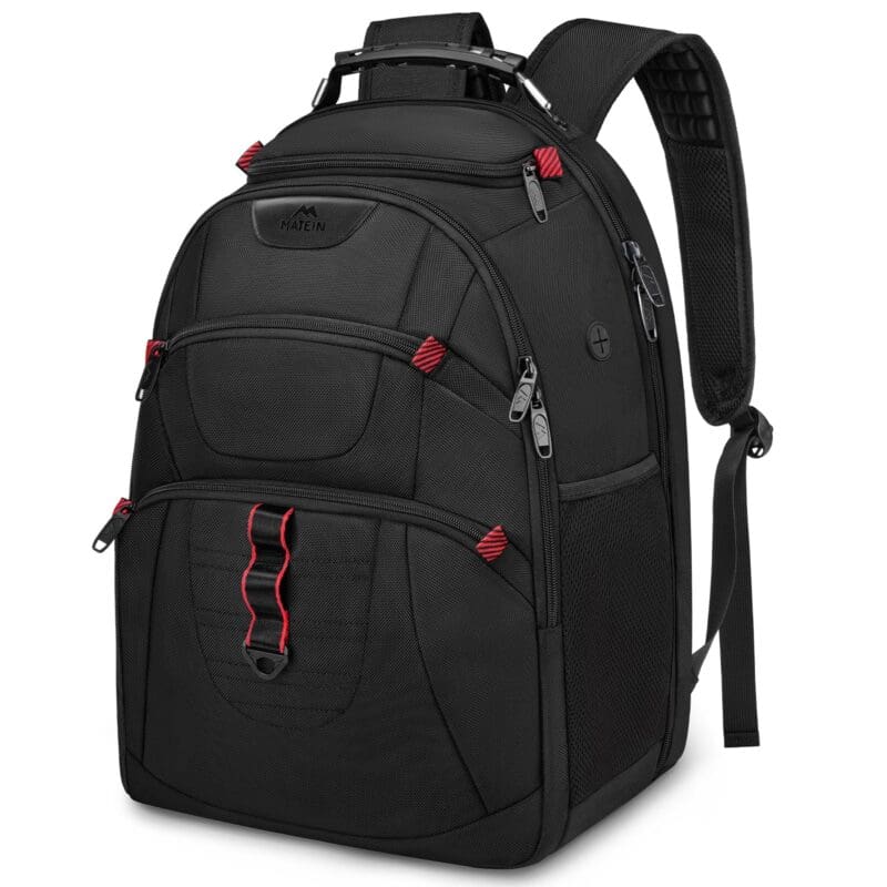 Σακίδιο πλάτης laptop Matein Maokai, μαύρο με κόκκινα φερμουάρ και εργονομικό σχεδιασμό.