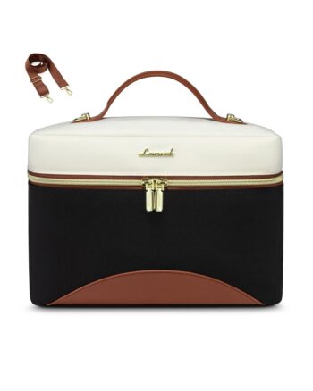 "Κομψή Lunch Bag Ισοθερμική τσάντα LOVEVOOK σε συνδυασμό λευκού, μαύρου και καφέ χρώματος, με χρυσές λεπτομέρειες στα φερμουάρ και αποσπώμενο καφέ λουρί ώμου."