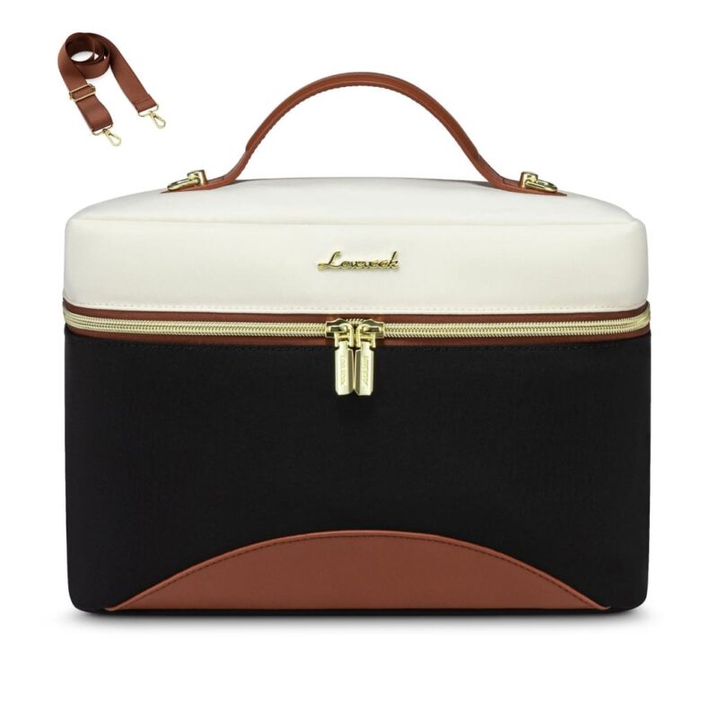 "Κομψή Lunch Bag Ισοθερμική τσάντα LOVEVOOK σε συνδυασμό λευκού, μαύρου και καφέ χρώματος, με χρυσές λεπτομέρειες στα φερμουάρ και αποσπώμενο καφέ λουρί ώμου."