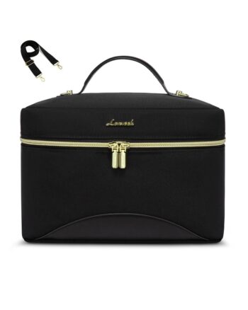 Κομψή Lunch Bag Ισοθερμική τσάντα LOVEVOOK σε μαύρο χρώμα με χρυσές λεπτομέρειες στα φερμουάρ και αποσπώμενο καφέ λουρί ώμου."