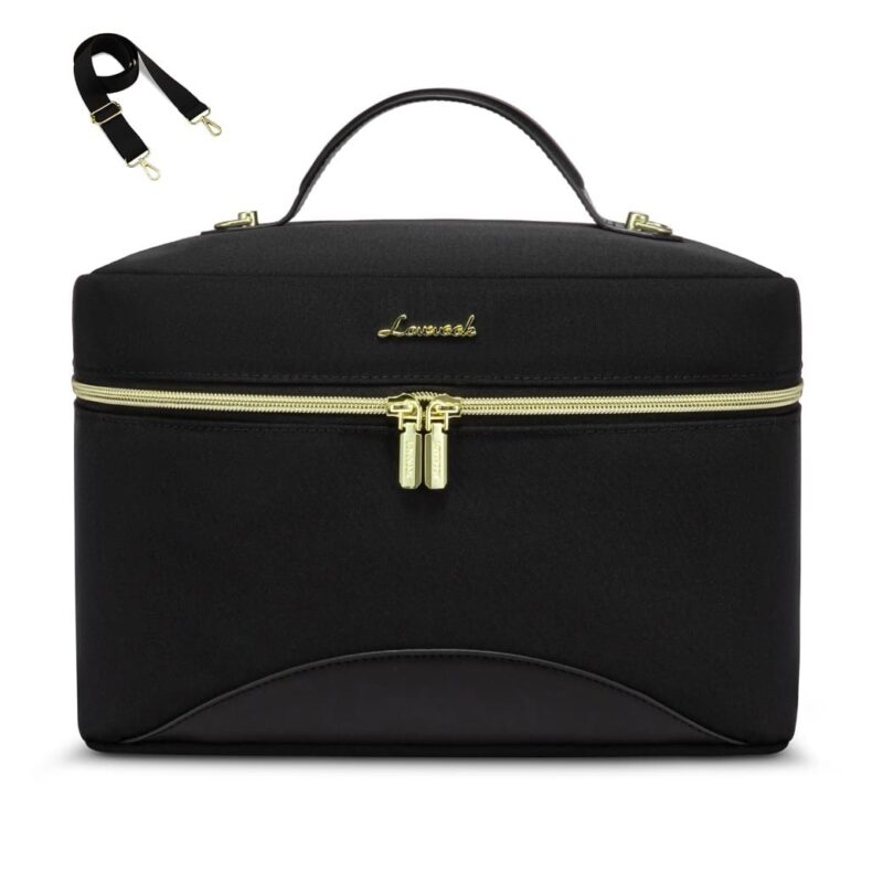 Κομψή Lunch Bag Ισοθερμική τσάντα LOVEVOOK σε μαύρο χρώμα με χρυσές λεπτομέρειες στα φερμουάρ και αποσπώμενο καφέ λουρί ώμου."