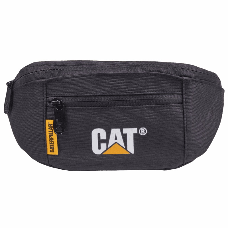 Τσαντάκι μέσης CAT V Power σε μαύρο χρώμα με λογότυπο Caterpillar, φερμουάρ και κίτρινη ετικέτα στο πλάι