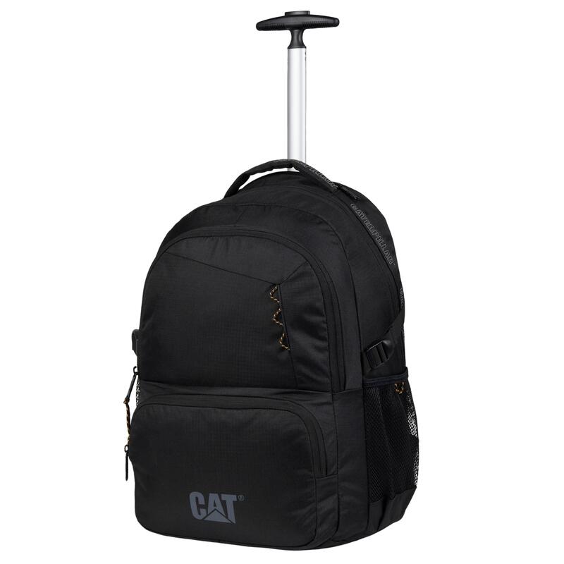 Explorer Backpack Trolley – τροχήλατο σακίδιο πλάτης σε μαύρο χρώμα, με θήκη laptop, τηλεσκοπική λαβή, πλαϊνές θήκες και ανακλαστικό λογότυπο, κατάλληλο για επαγγελματική χρήση και ταξίδια.