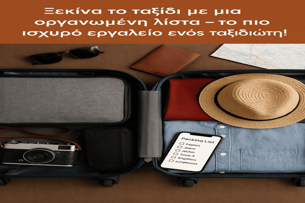 Ανοιχτή βαλίτσα με οργανωμένα ρούχα, κινητό με λίστα αποσκευών, καπέλο, κάμερα και χάρτης – ιδανική εικόνα για άρθρο σχετικά με την οργάνωση αποσκευών πριν από ταξίδι.