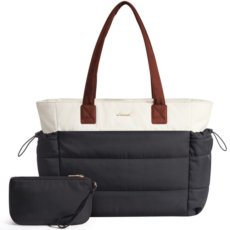 Τσάντα laptop γυναικεία WB5036 – Μαύρη και μπεζ με καφέ λαβές