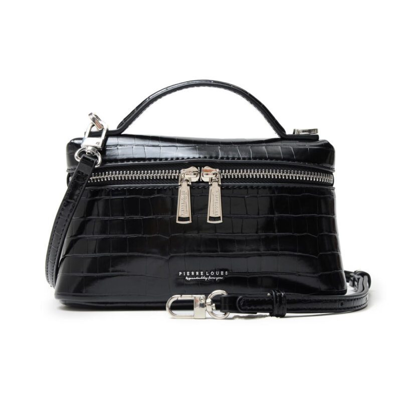 Γυναικεία τσάντα χιαστί Pierre Loues μαύρο κροκό – μπροστινή όψη"