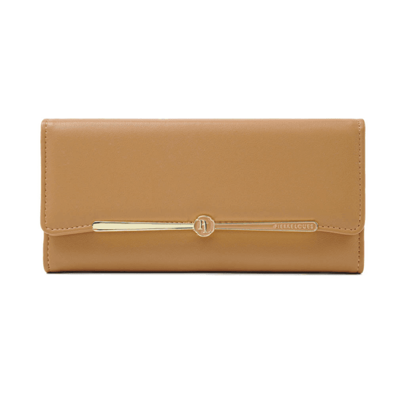 Πορτοφόλι γυναικείο μεγάλο Pierre Loues μπεζ με χρυσές λεπτομέρειες και πολλές θήκες για κάρτες και κέρματα.