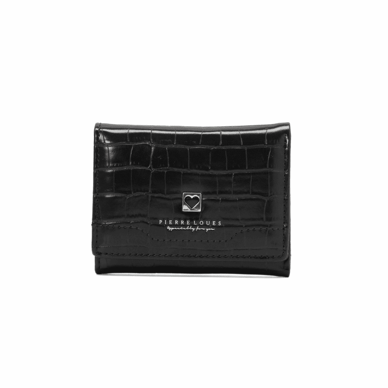 Μικρό μαύρο πορτοφόλι Pierre Loues με κροκό υφή και μεταλλικό έμβλημα καρδιάς