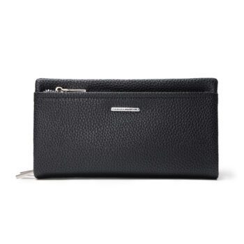 Γυναικείο πορτοφόλι Pierre Loues μαύρο με διπλό φερμουάρ και λαβή χειρός.