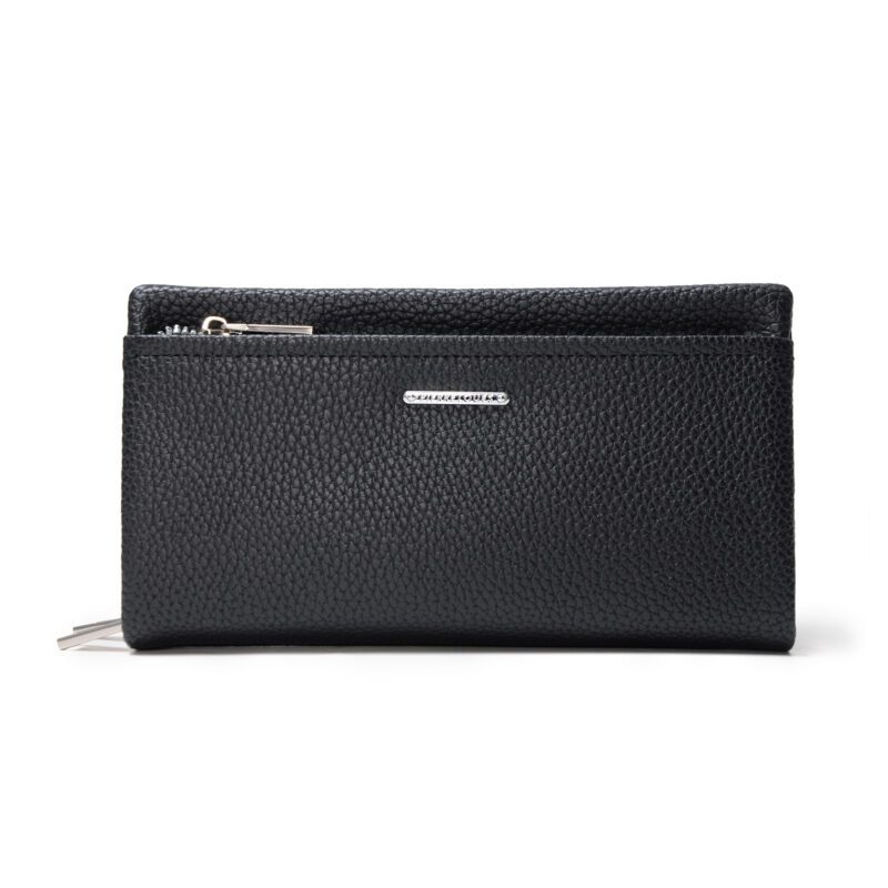 Γυναικείο πορτοφόλι Pierre Loues μαύρο με διπλό φερμουάρ και λαβή χειρός.