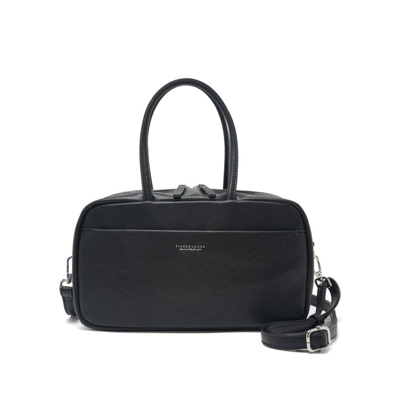 Τσάντα Pierre Loues μαύρη – μπροστινή όψη με χειρολαβές και λουρί ώμου.