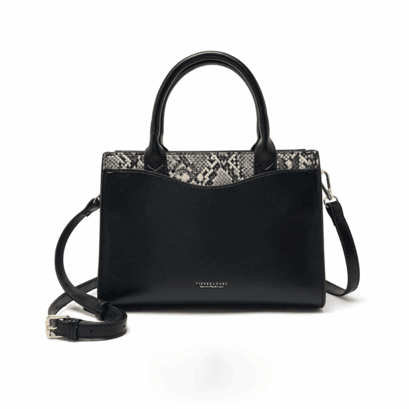 Γυναικεία τσάντα Pierre Loues 615-38 μαύρη με snake λεπτομέρειες και ρυθμιζόμενο λουράκι