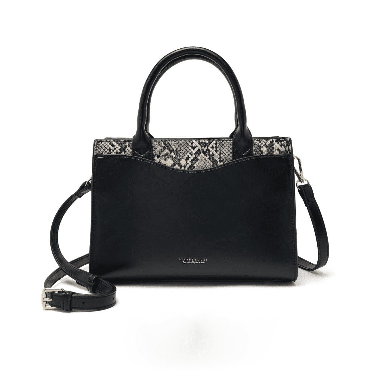 Γυναικεία τσάντα Χιαστί Pierre Loues PL615-38 μαύρο Γυναικεία τσάντα Pierre Loues 615-38 μαύρη με snake λεπτομέρειες και ρυθμιζόμενο λουράκι